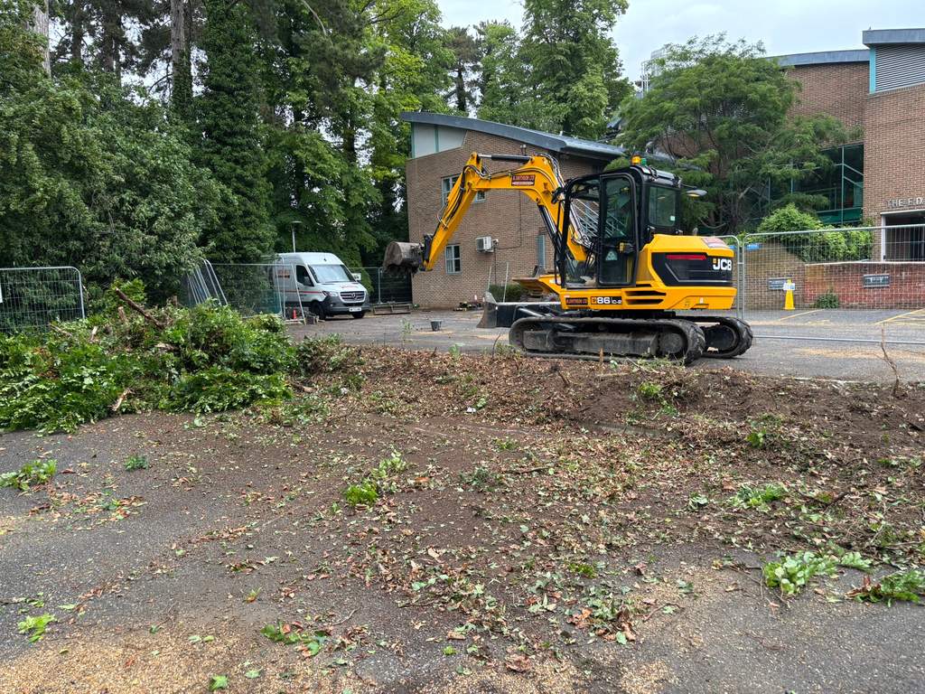 JCB excavator clearing vegetation at project start in Cambridge