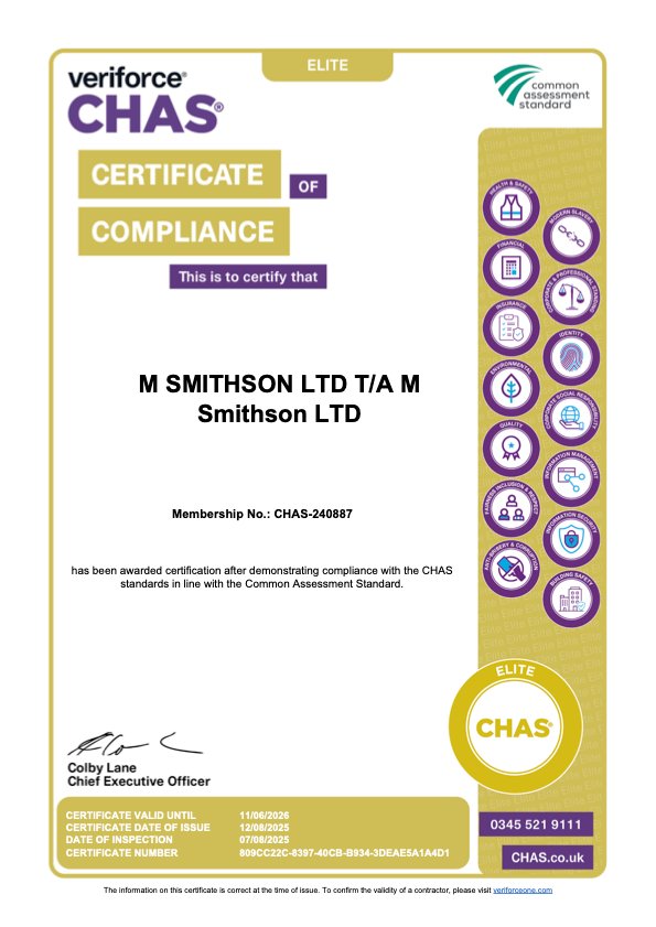 CHAS Elite Certificate — M.Smithson LTD